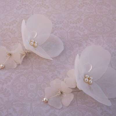 Garden Wedding Earring, Dangle EarringFabric Flower Earrings, Silk Flower Earrings, Silver White Flower Earrings, Pearl Floral Earrings - image5